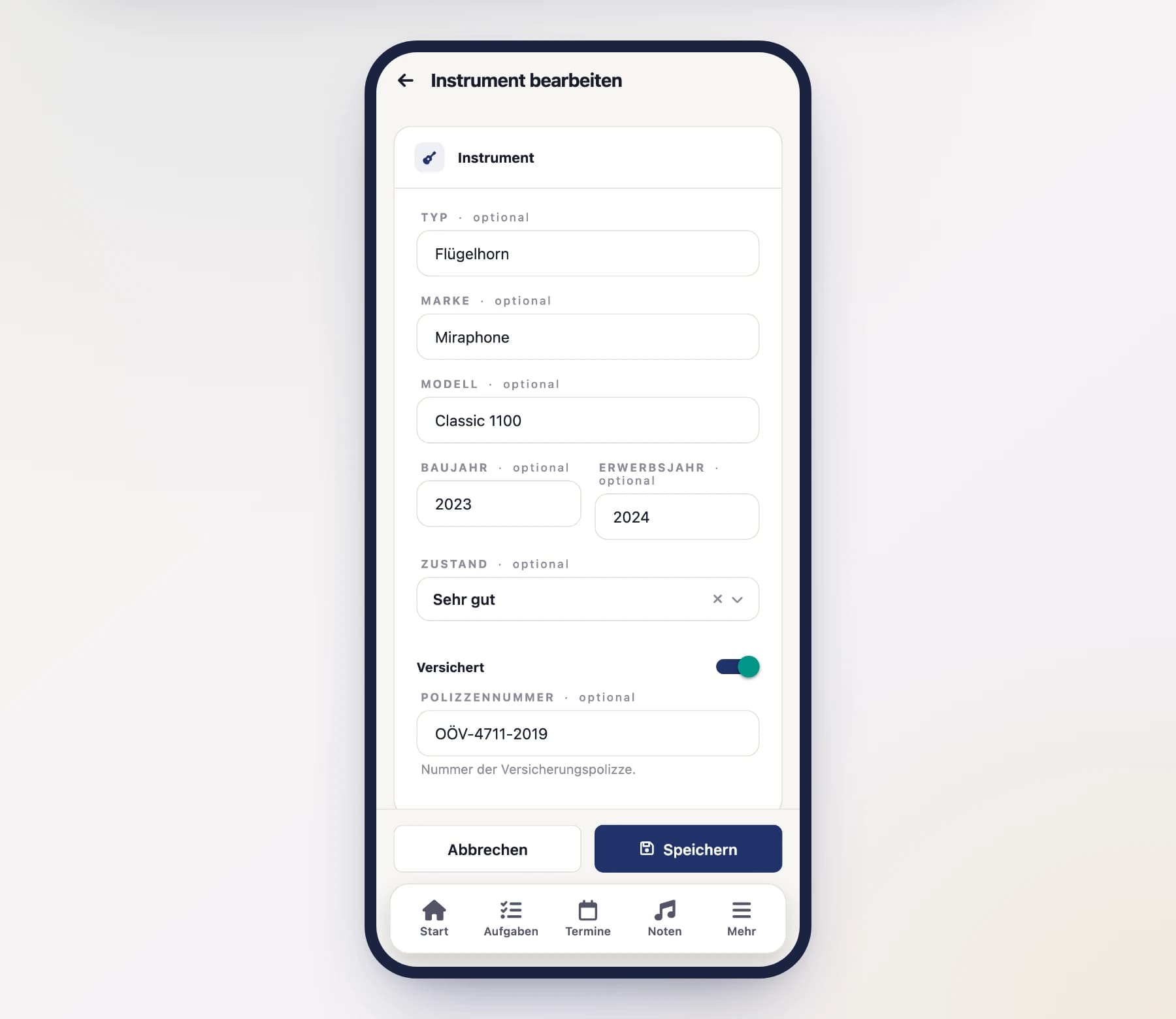 Instrument-Formular (InstrumentFormScreen) mit Feldern für Marke, Modell, Zustand und Besitz am Handy