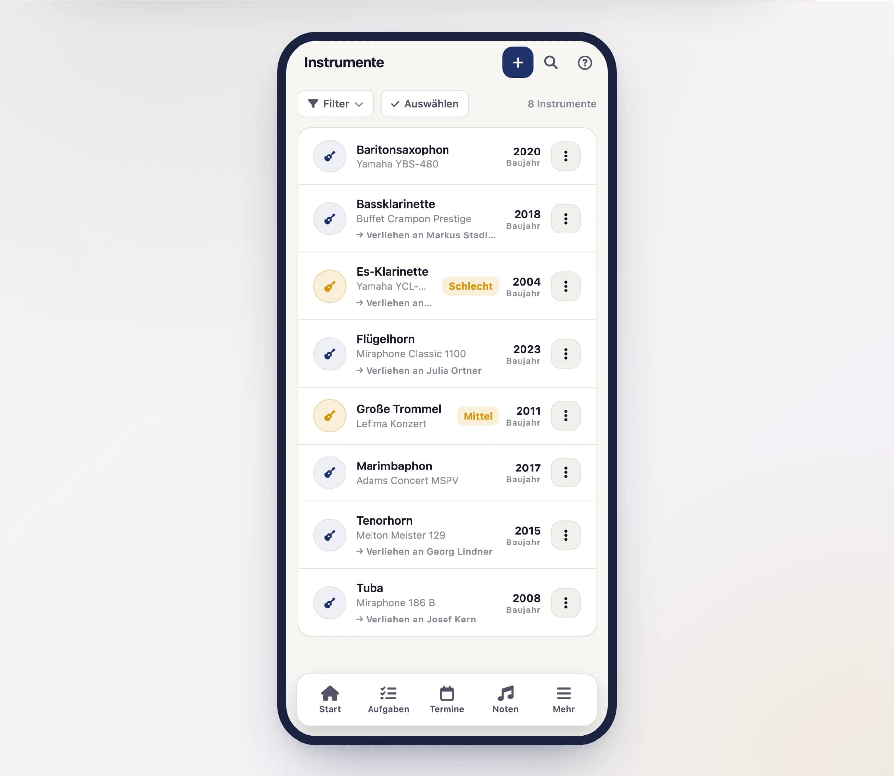 Instrumenten-Übersicht (InstrumentsScreen) mit Liste und Button „Neu" am Handy