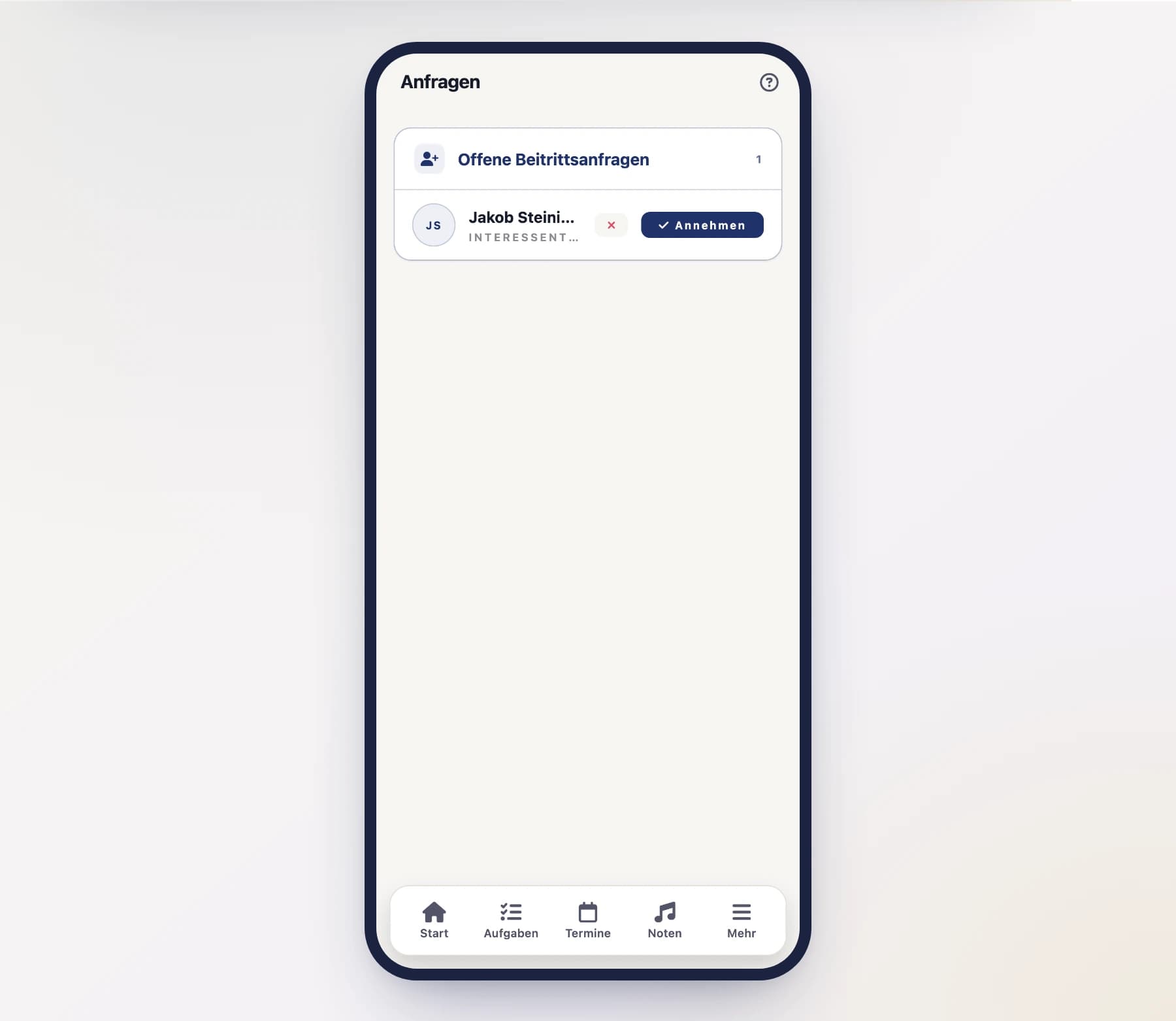 Beitrittsanfragen-Übersicht (JoinRequestsScreen) mit Liste offener Anfragen am Handy