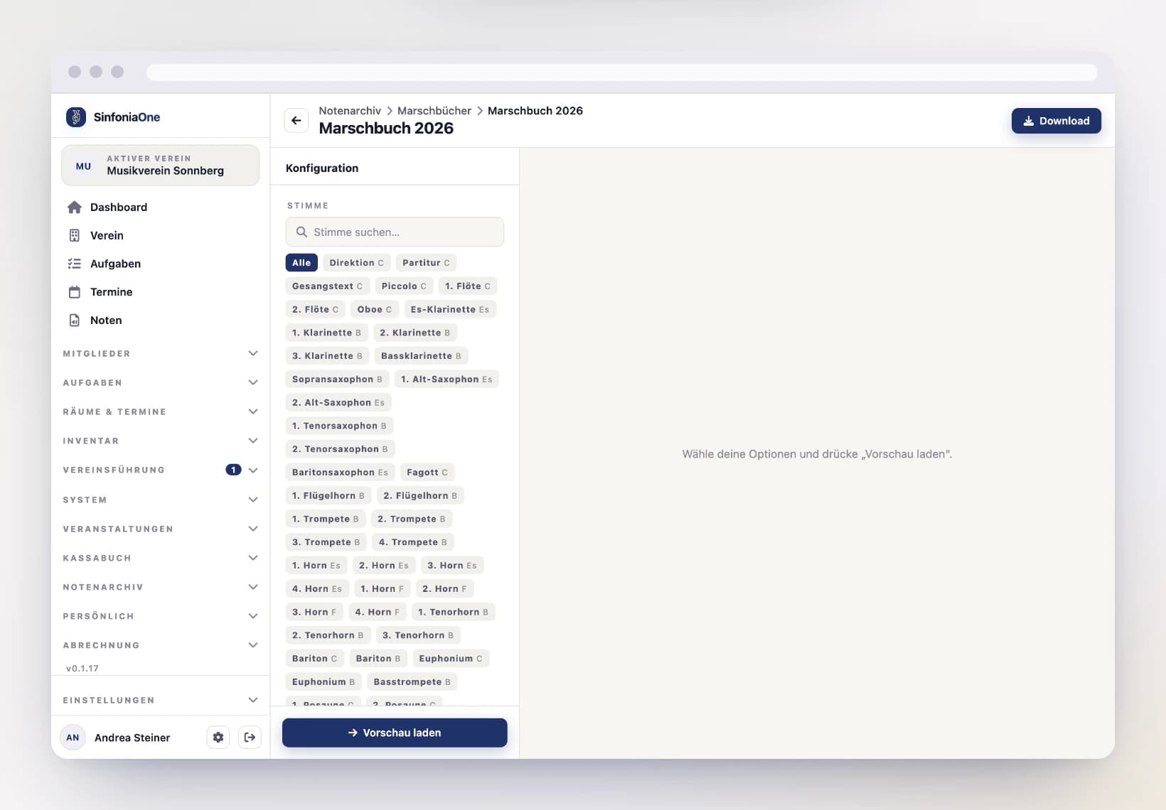 Marschbuch-Vorschau (MarschbuchPreviewScreen) mit Stimmenauswahl und Export-Button am Computer