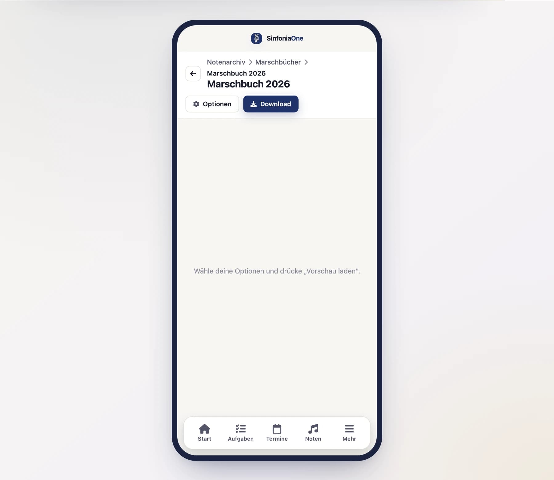 Marschbuch-Vorschau (MarschbuchPreviewScreen) mit Stimmenauswahl und Export-Button am Handy