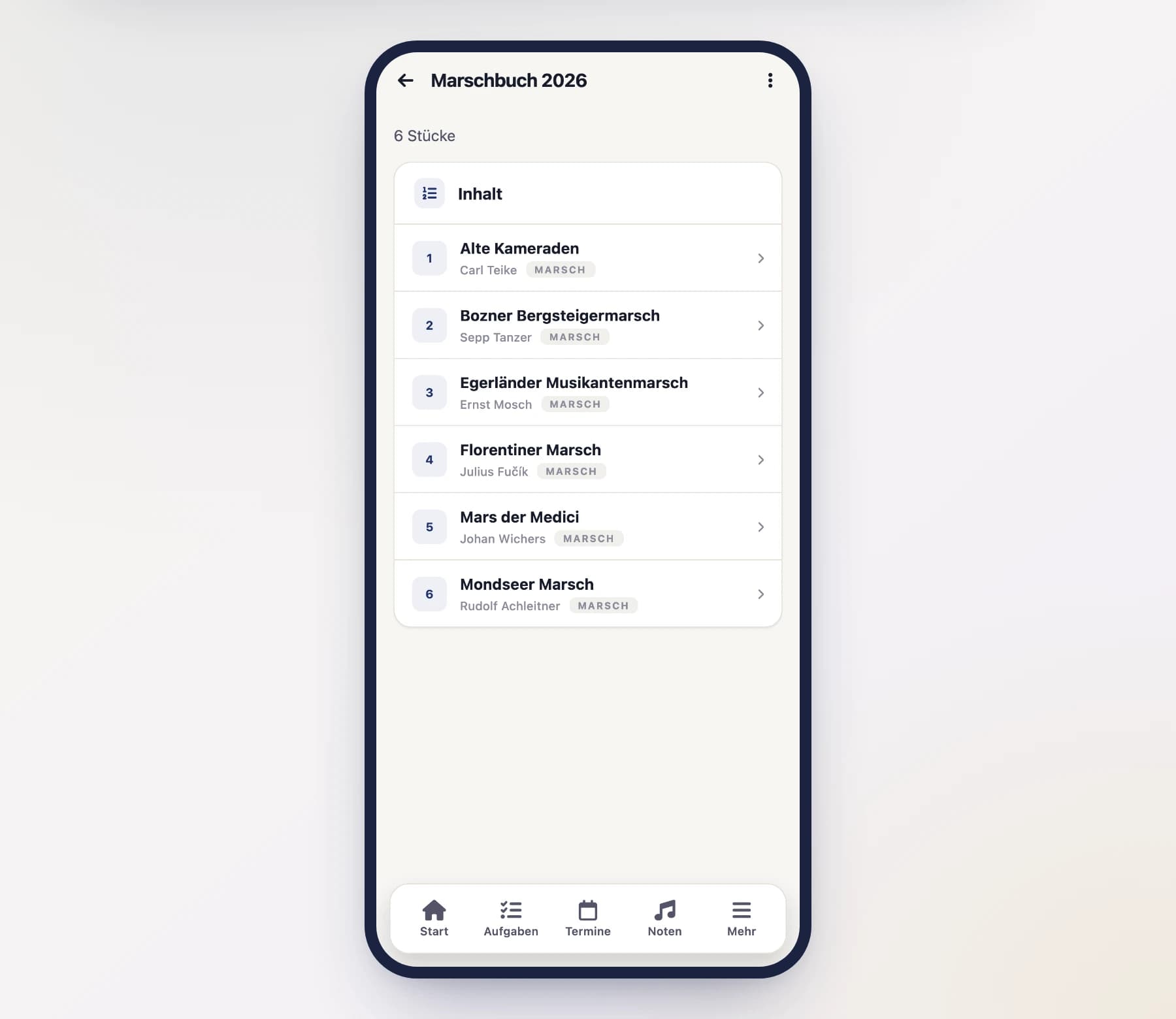 Marschbuch-Übersicht (MarschbuchScreen) mit Liste der Marschbücher am Handy