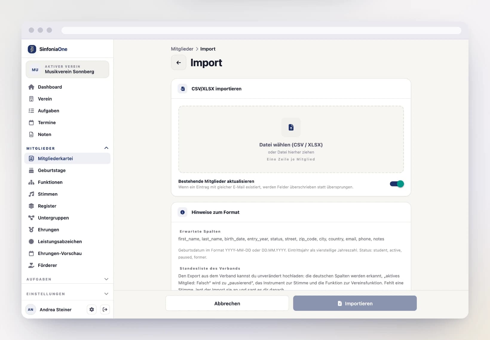 Mitglieder-Import (MemberImportFormScreen) mit Datei-Auswahl und Option „Bestehende aktualisieren" am Computer