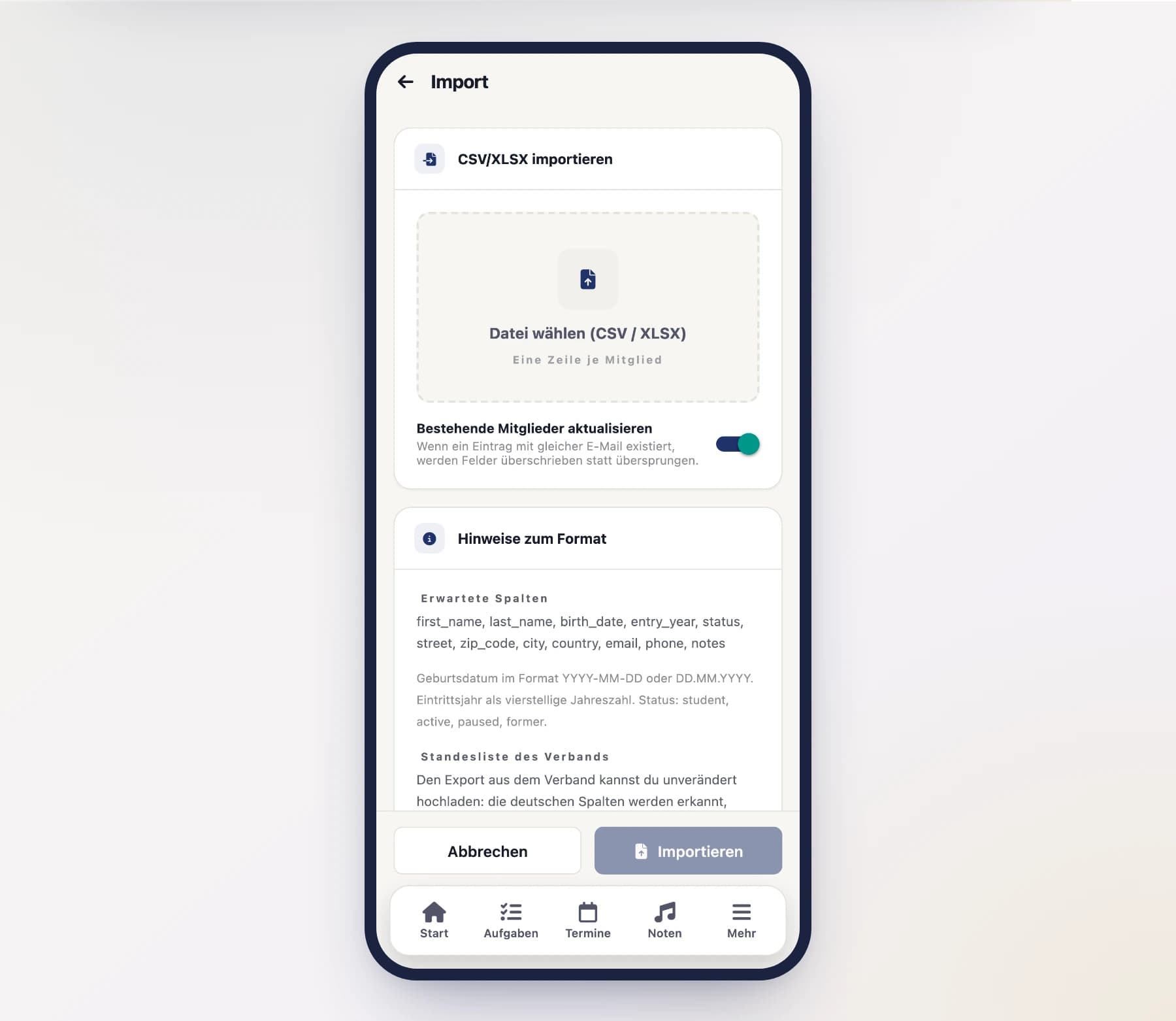 Mitglieder-Import (MemberImportFormScreen) mit Datei-Auswahl und Option „Bestehende aktualisieren" am Handy