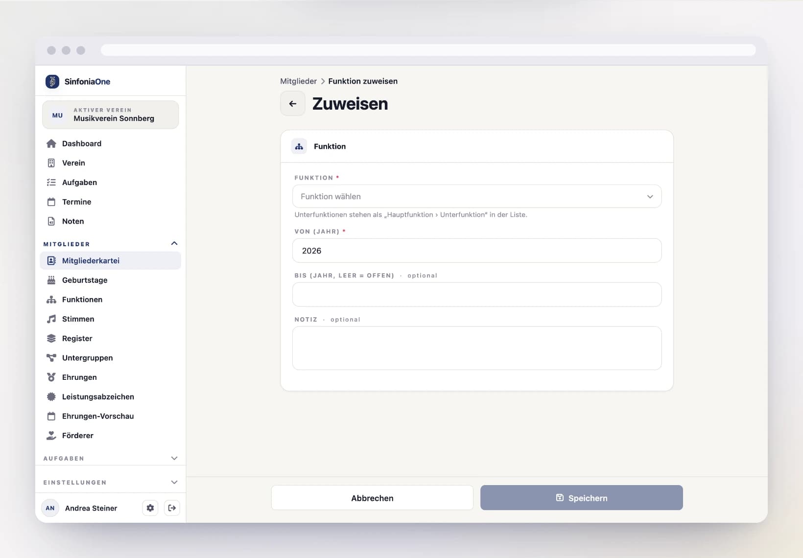 Form "Assign position" (MemberRoleAssignmentFormScreen) with office selection and from/to year on a computer