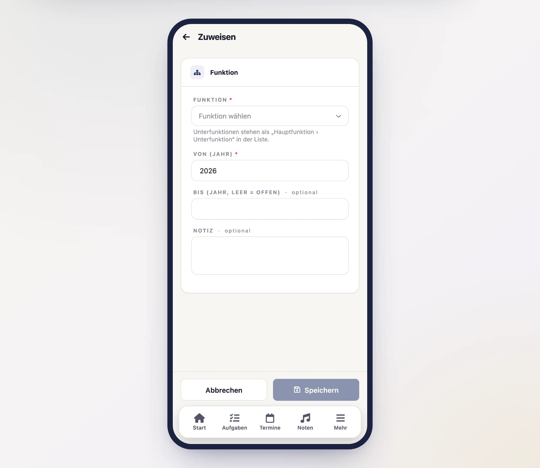 Form "Assign position" (MemberRoleAssignmentFormScreen) with office selection and from/to year on a phone