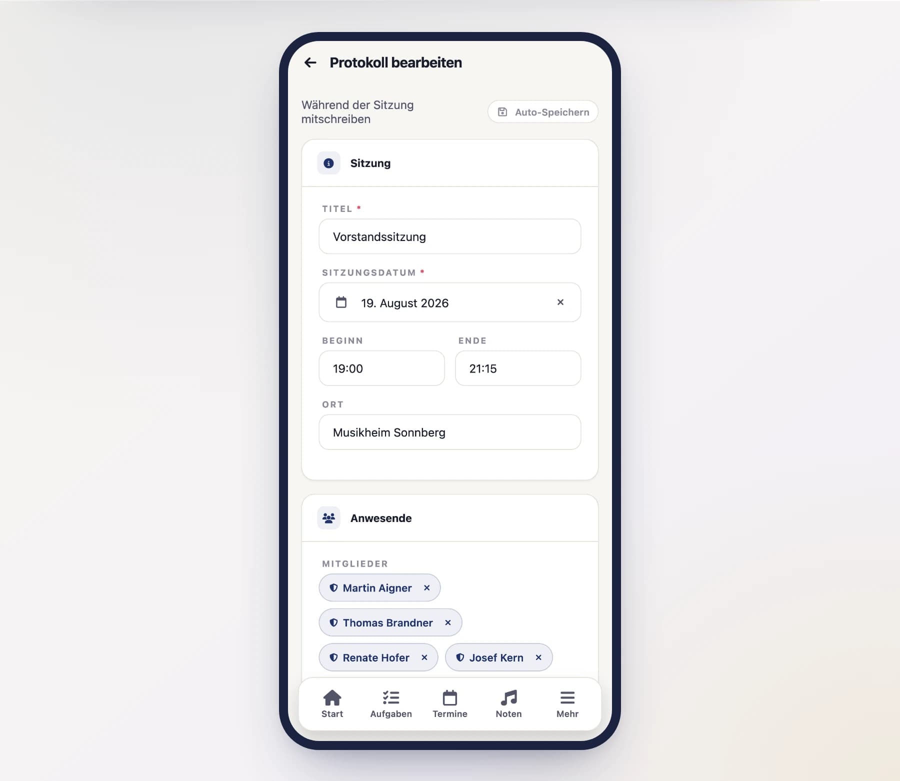 Protokoll-Editor (MinutesEditorScreen) mit Feldern für Titel, Datum, Teilnehmer und Tagesordnung am Handy