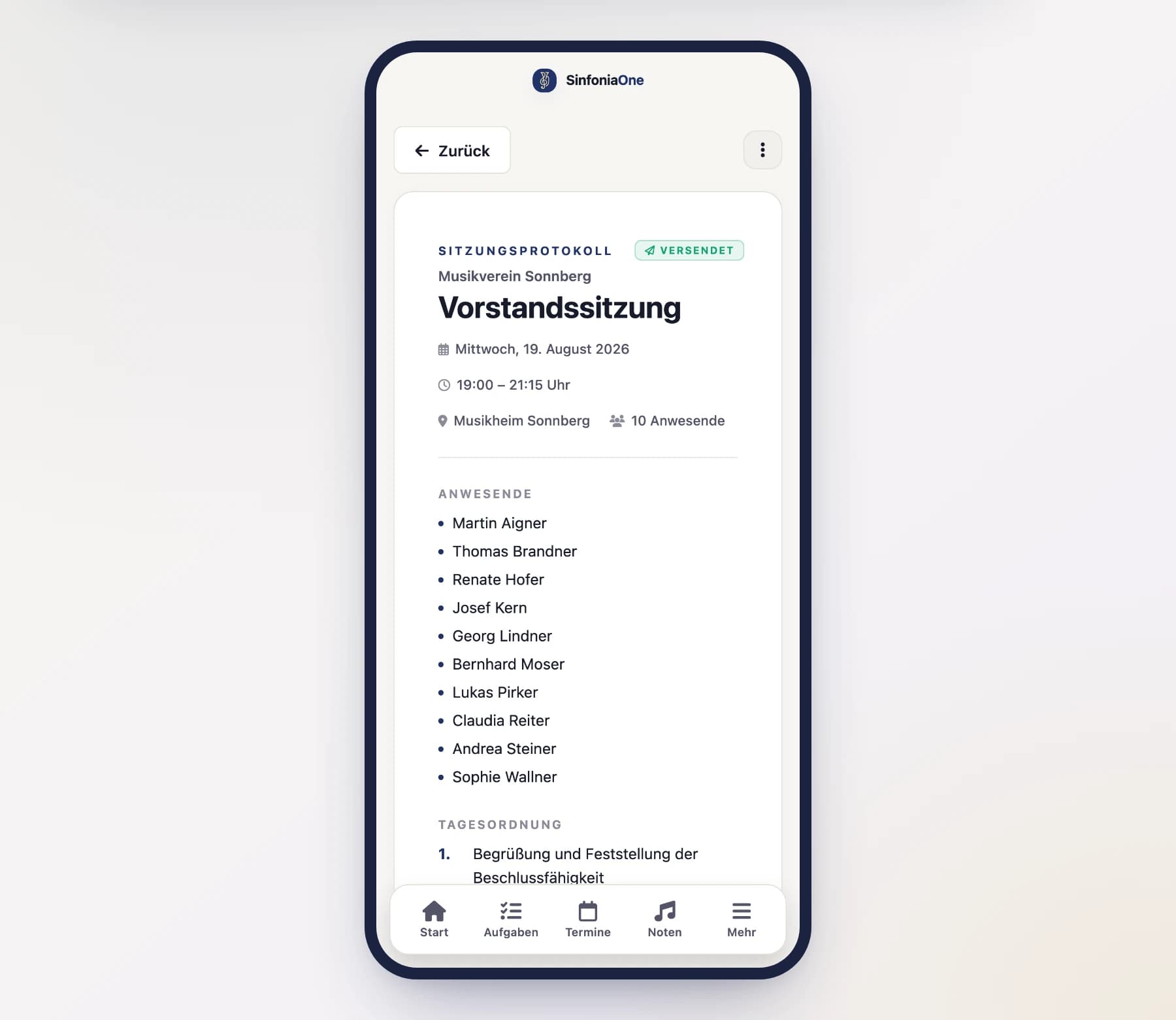 Leseansicht (MinutesReaderScreen) mit formell formatiertem Protokoll und Anwesenheitsliste am Handy