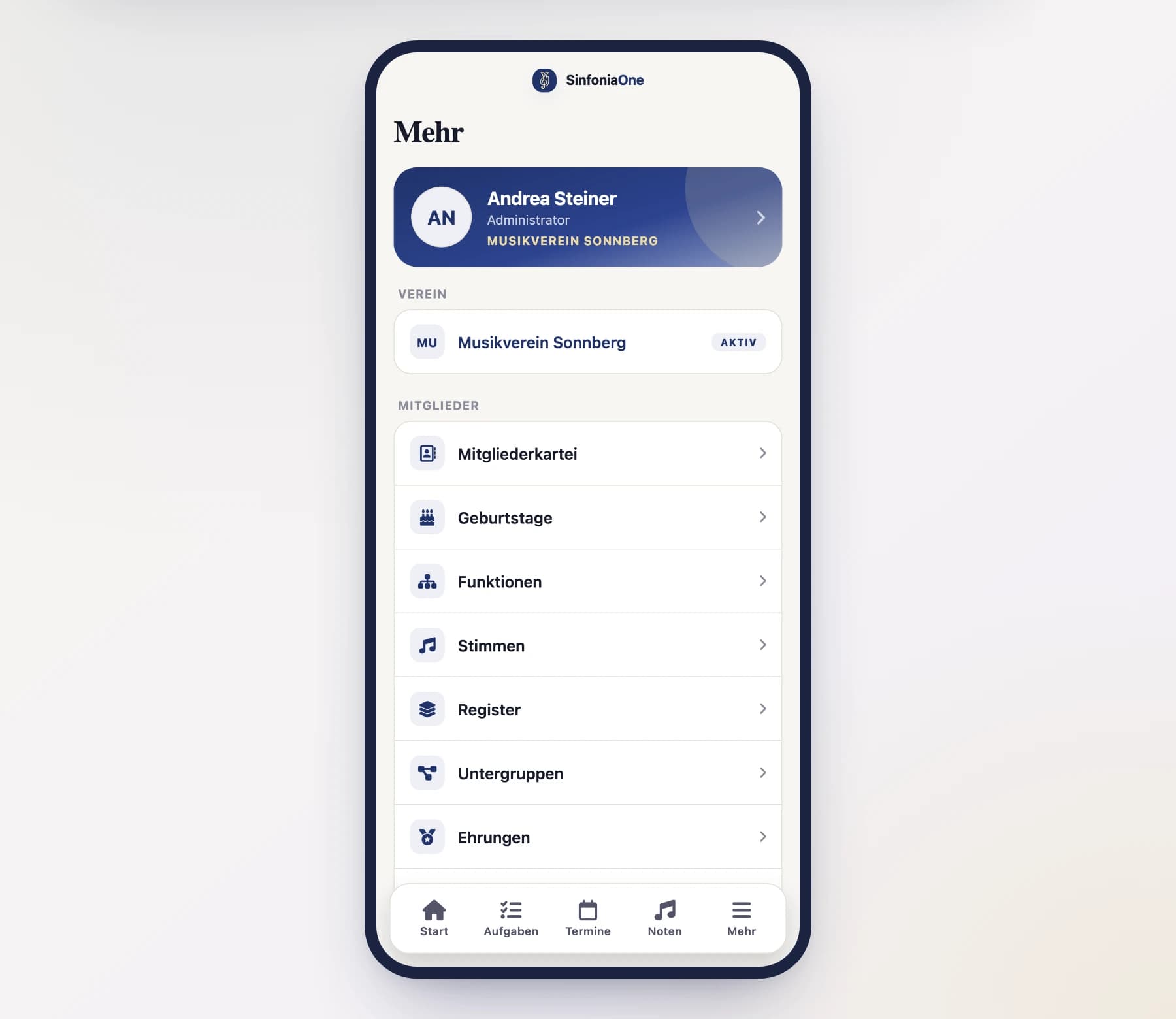 Vereins-Umschalter im „Mehr“-Screen (MoreScreen) mit aufgeklappter Vereinsliste am Handy