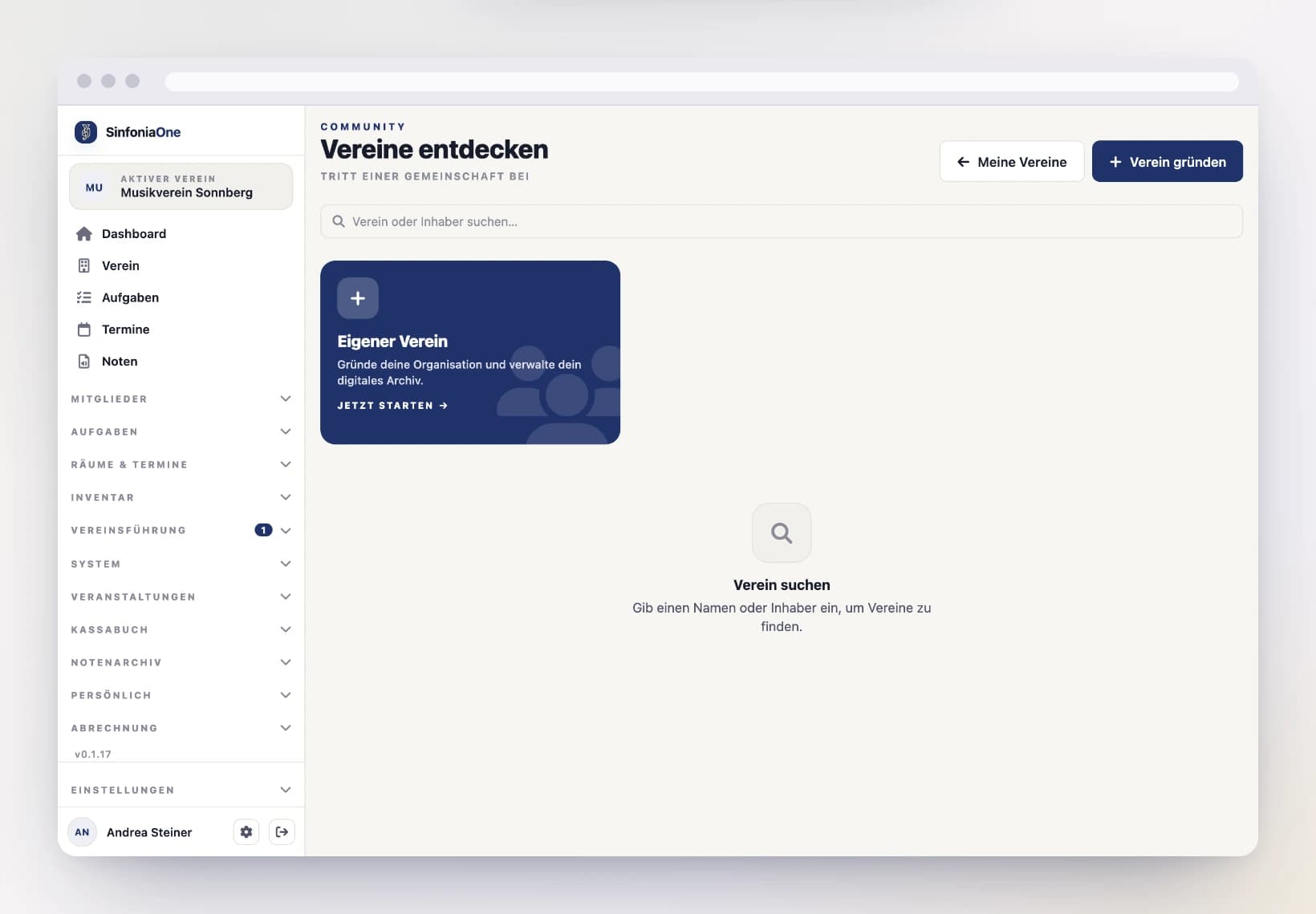 Bildschirm „Vereine entdecken“ (OrganizationExploreScreen) mit Suchfeld und Vereinsliste am Computer