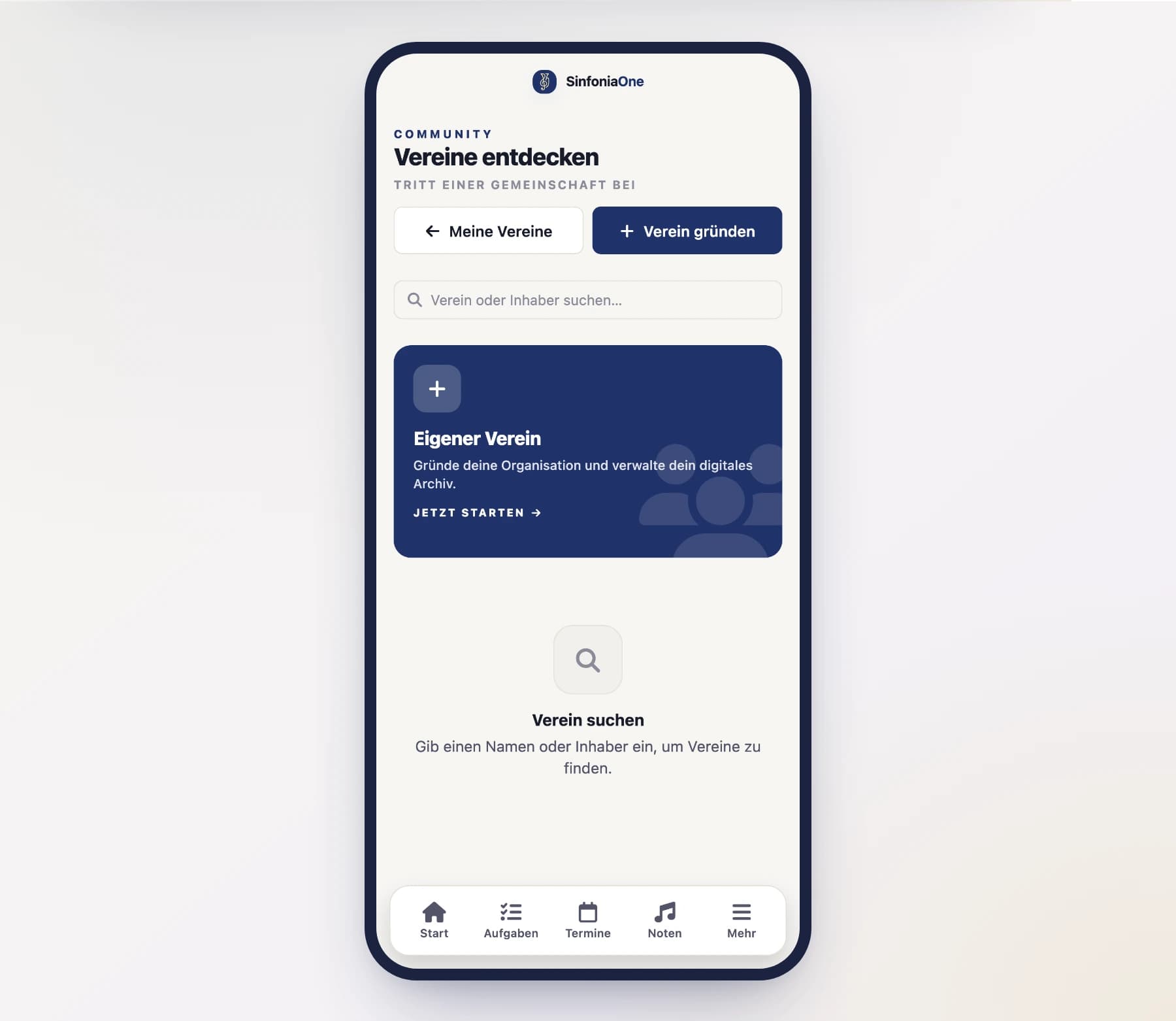 Bildschirm „Vereine entdecken“ (OrganizationExploreScreen) mit Suchfeld und Vereinsliste am Handy
