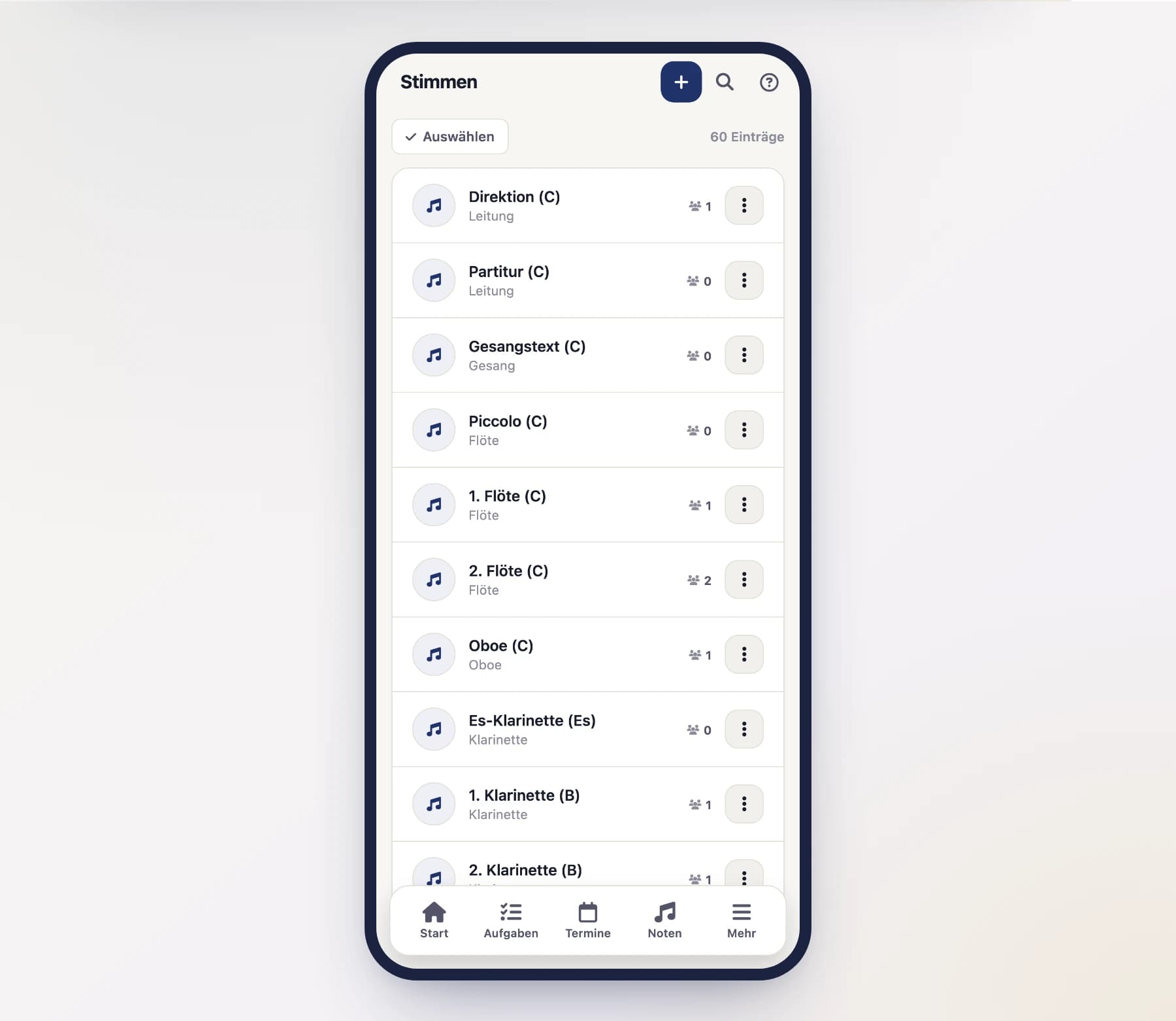 Parts overview (PartsScreen) with list of existing parts on a phone