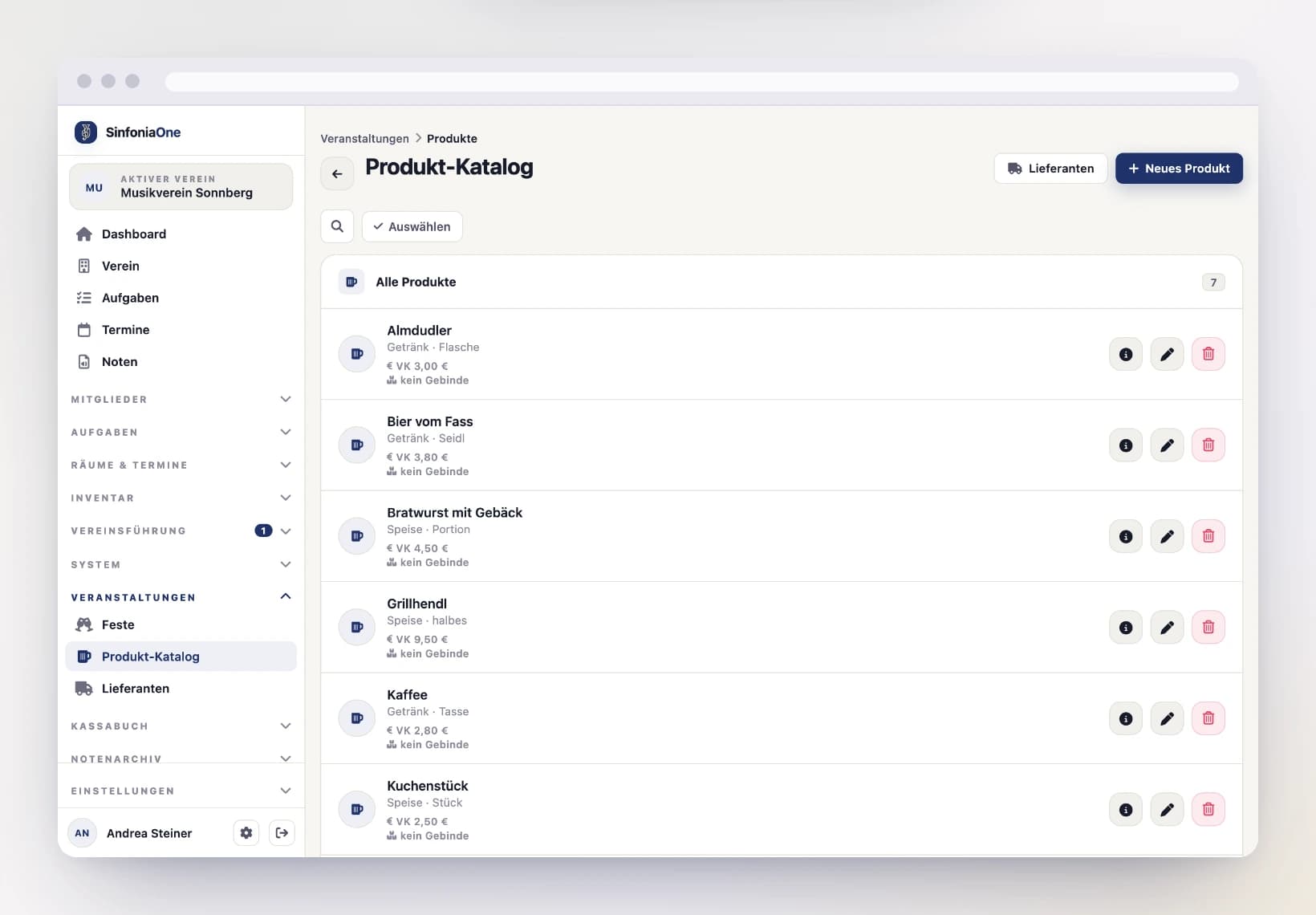 Produkt-Katalog (ProductCatalogScreen) mit Getränken und Speisen am Computer