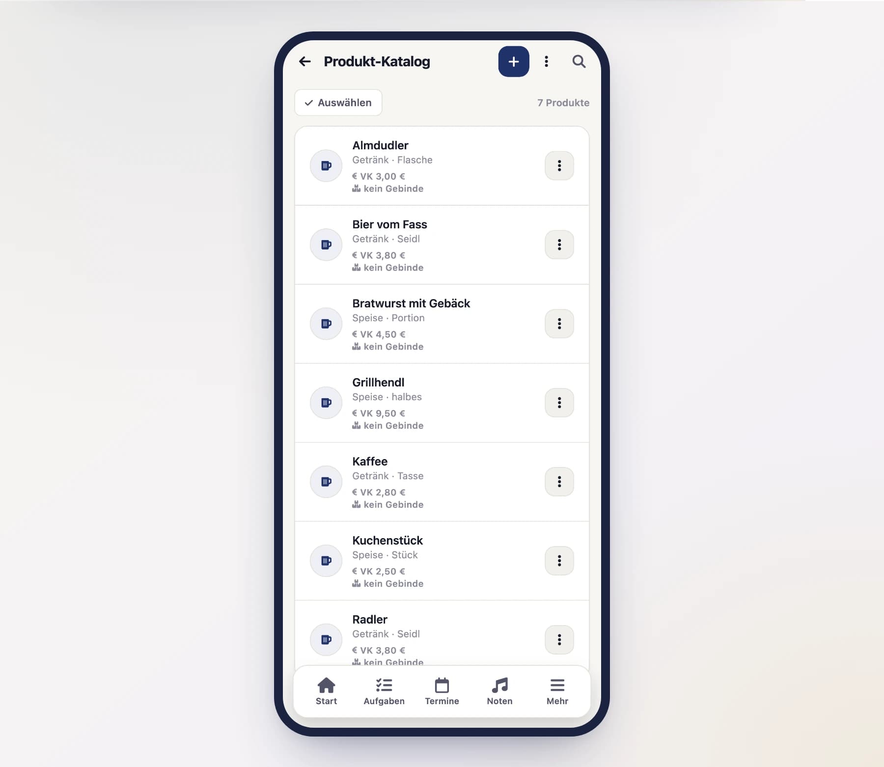 Produkt-Katalog (ProductCatalogScreen) mit Getränken und Speisen am Handy