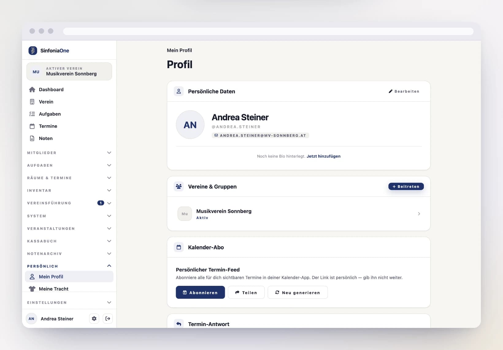 Profil-Übersicht (ProfileScreen) mit Foto, Name und den Bereichen Kalender-Abo, Abwesenheiten und Vereine am Computer