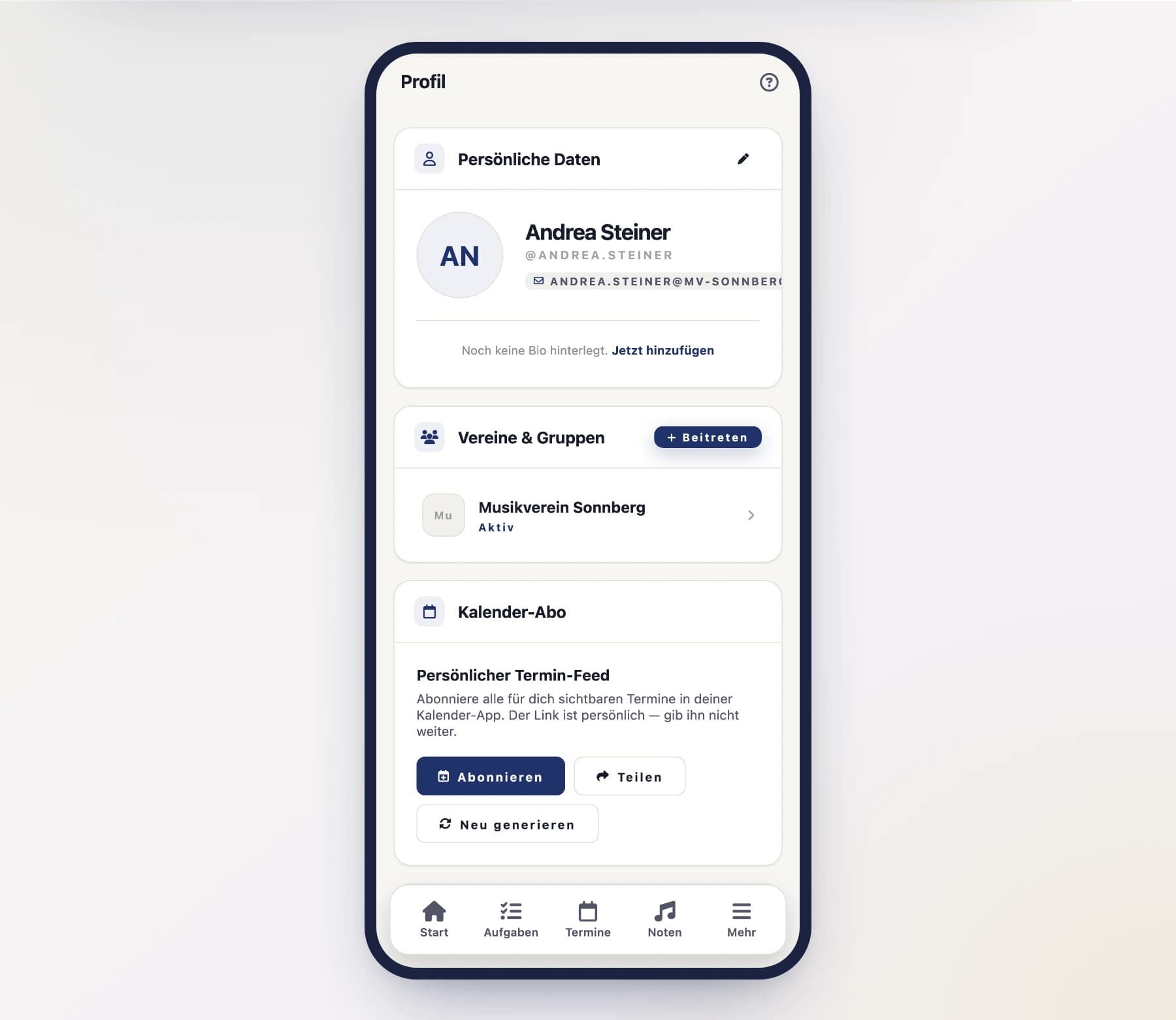 Profil-Übersicht (ProfileScreen) mit Foto, Name und den Bereichen Kalender-Abo, Abwesenheiten und Vereine am Handy