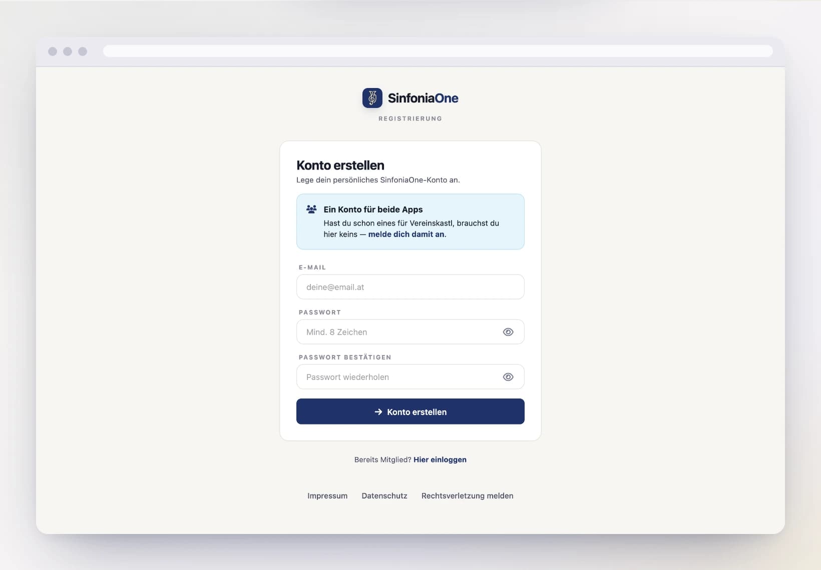 Registration form (RegisterScreen) with the fields email, password, repeat password on a computer