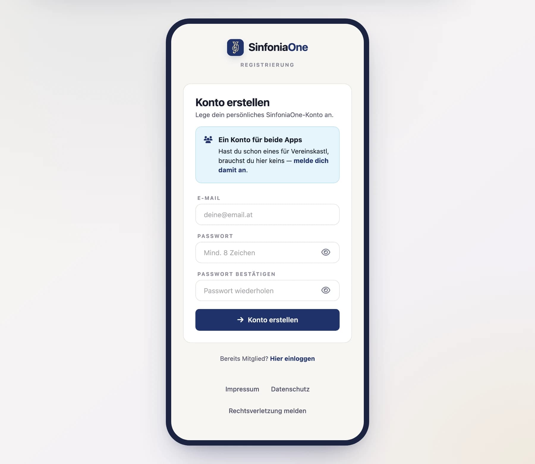 Registration form (RegisterScreen) with the fields email, password, repeat password on a phone