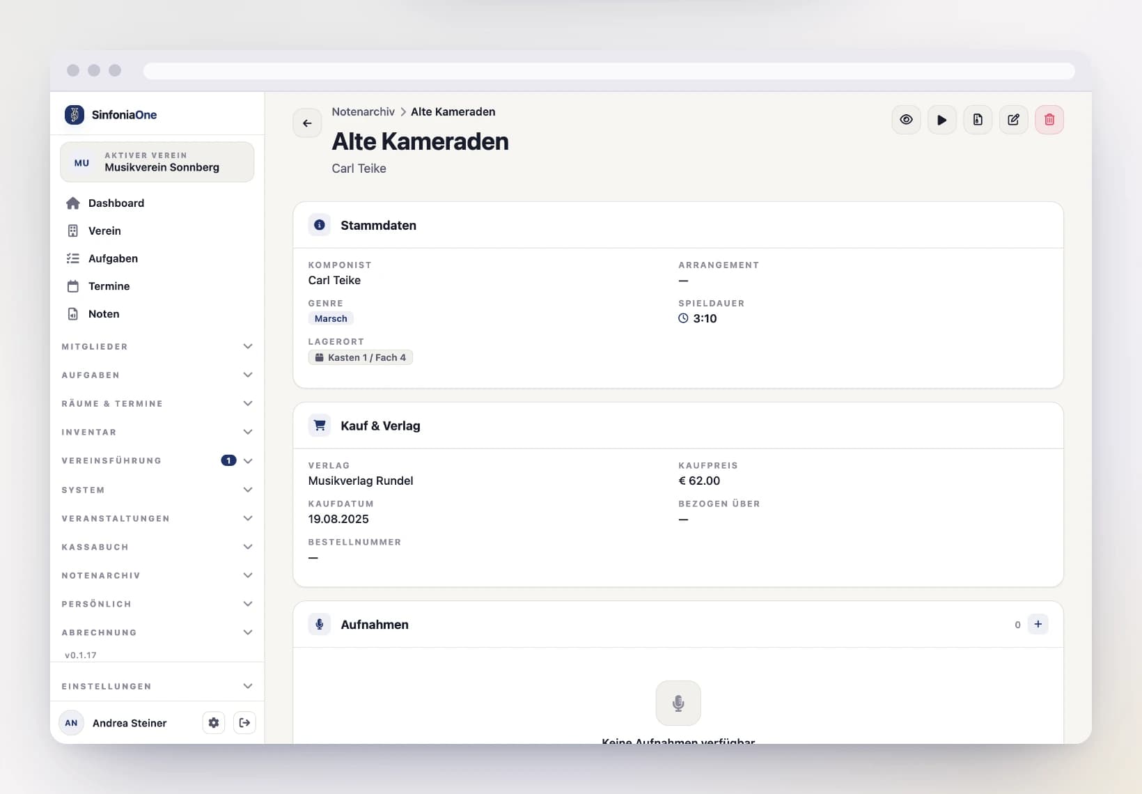 Stück-Detailseite (ScoreDetailScreen) mit Aktion „Als .sinone-Datei sichern" am Computer