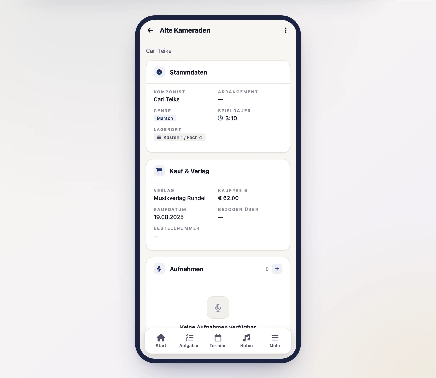 Stück-Detailseite (ScoreDetailScreen) mit Aktion „Als .sinone-Datei sichern" am Handy