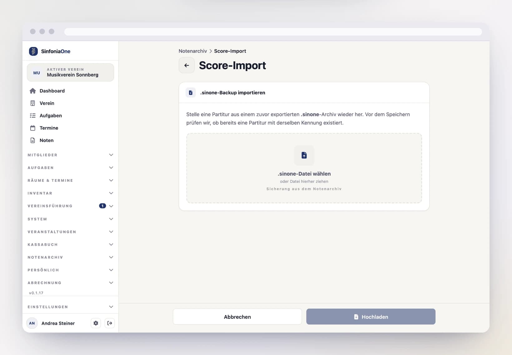 Import-Auswahl (ScoreImportScreen) mit Option „.sinone-Datei hochladen" am Computer