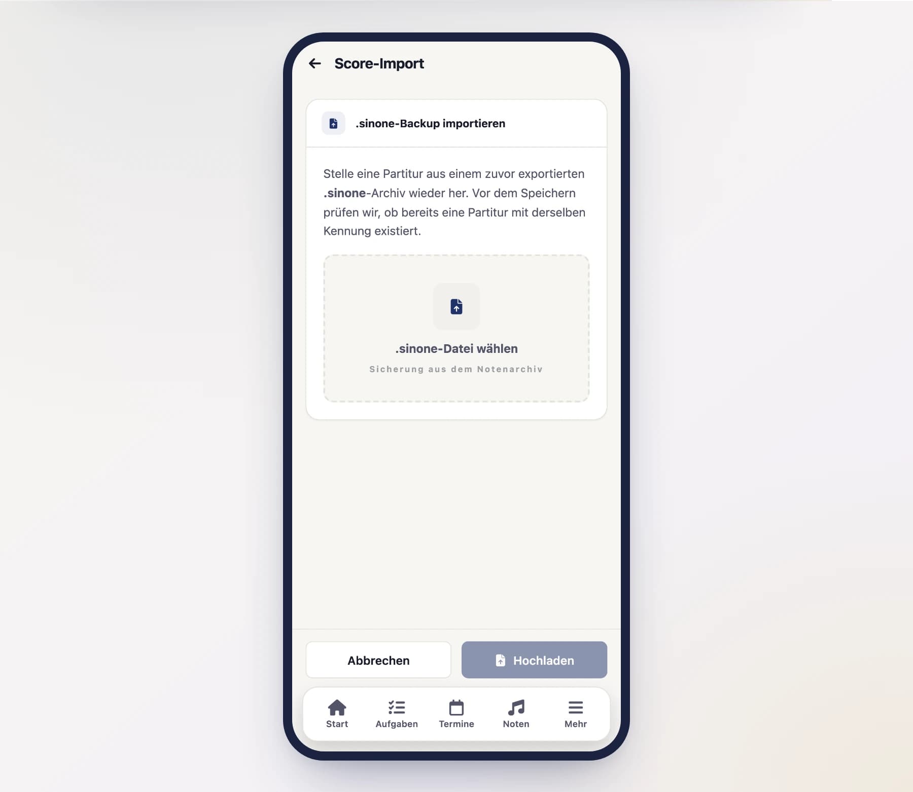 Import-Auswahl (ScoreImportScreen) mit Option „.sinone-Datei hochladen" am Handy
