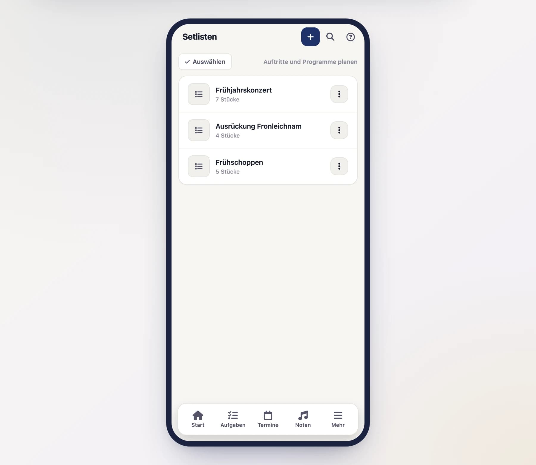 Setlisten-Übersicht (SetlistsScreen) mit Liste der Programme am Handy
