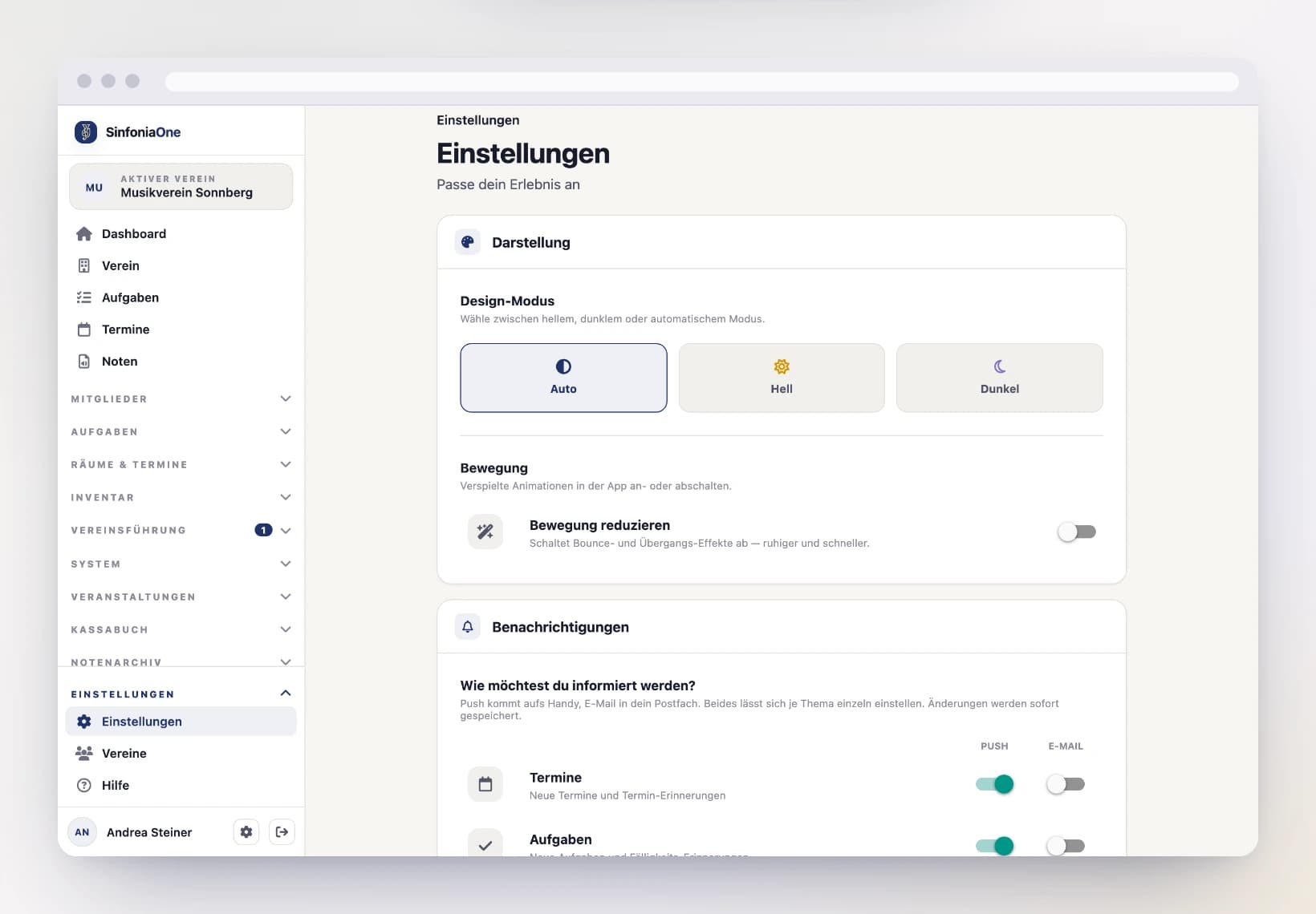 Einstellungen (SettingsScreen) mit Darstellung, Bewegung, Benachrichtigungen und Rechtlichem am Computer