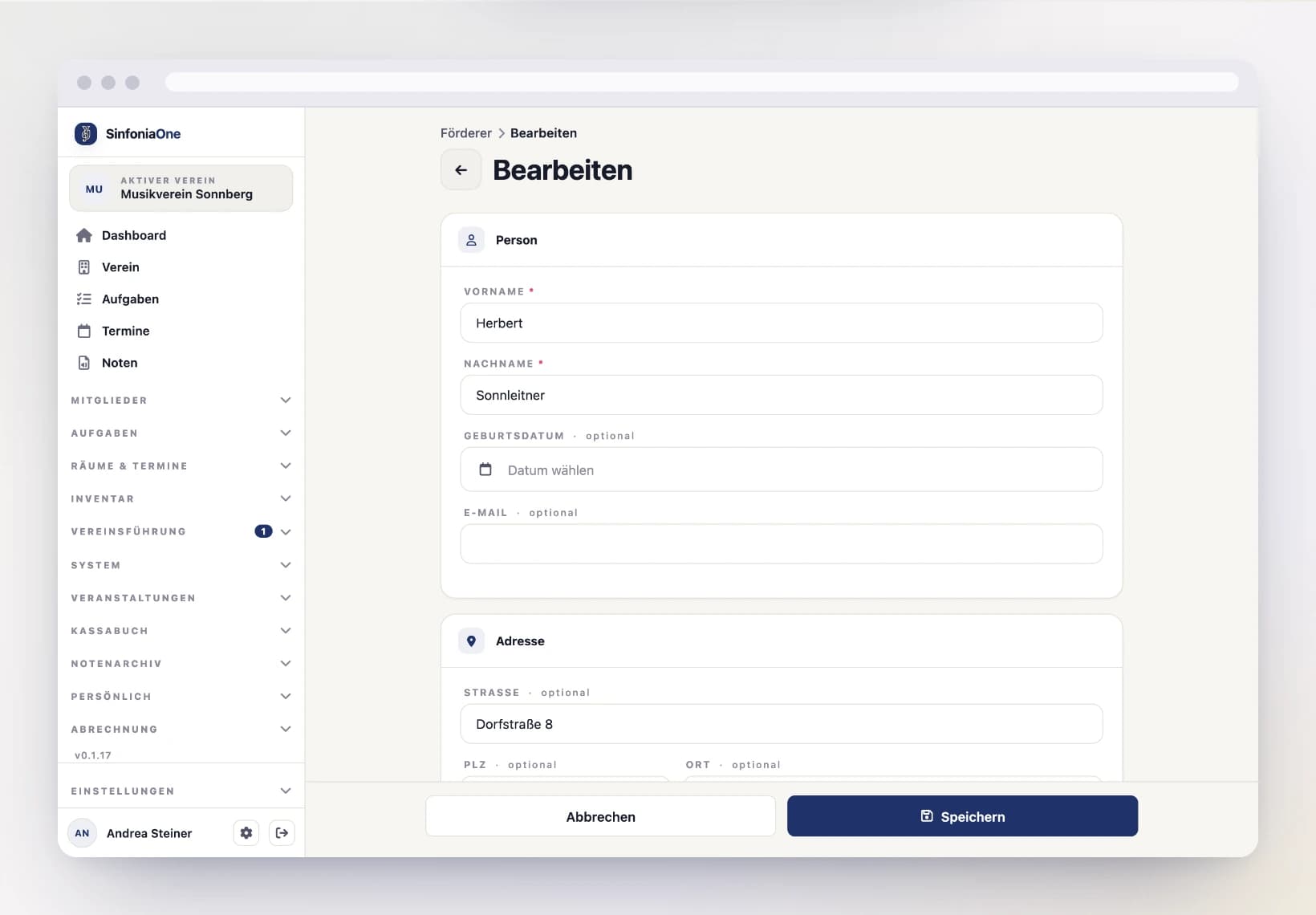Supporter form (SupporterFormScreen) with name, address and contact on a computer