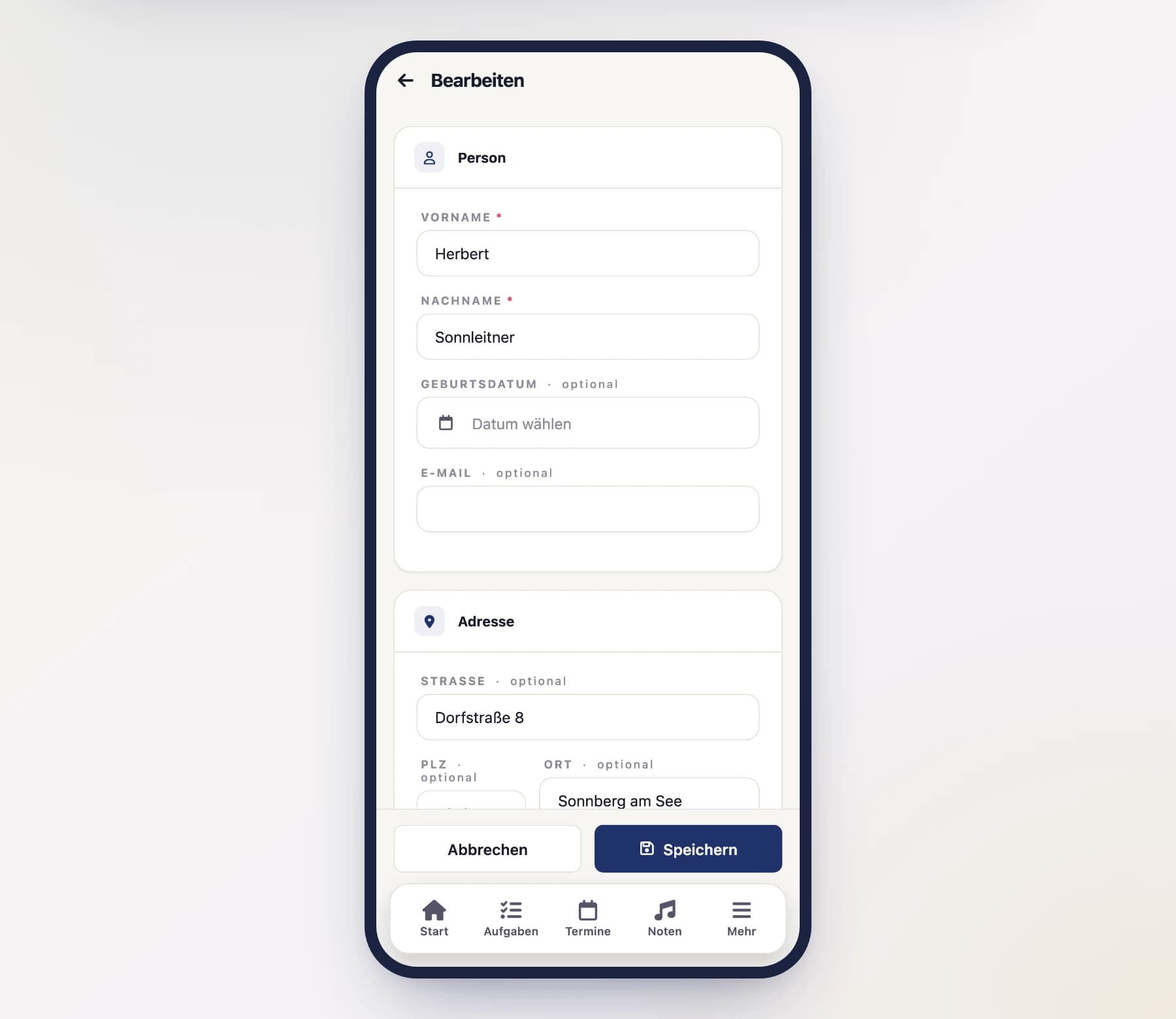 Supporter form (SupporterFormScreen) with name, address and contact on a phone