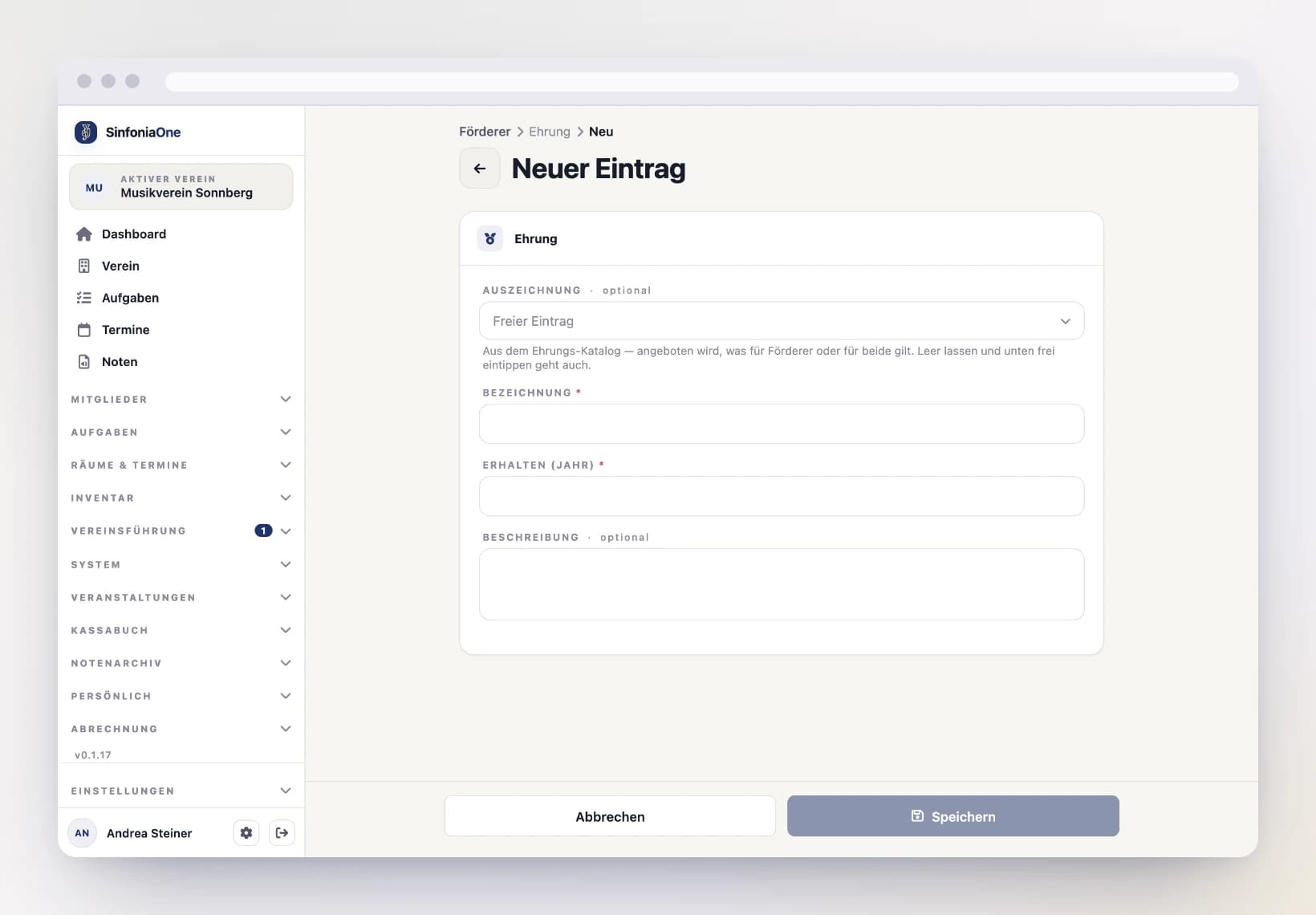 Form “Honor” for a supporter (SupporterHonorFormScreen) on a computer