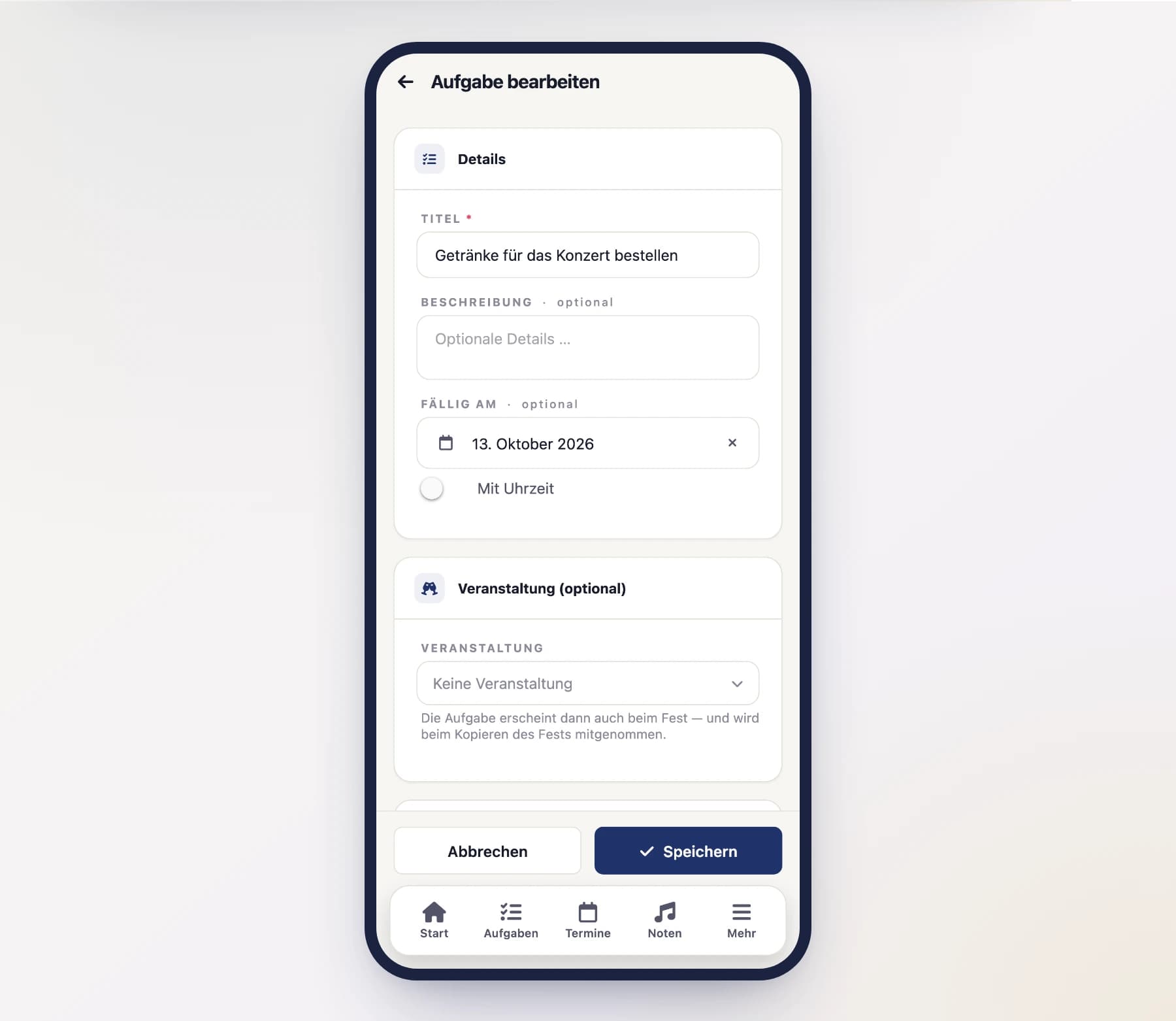 Aufgabenformular (TaskFormScreen) mit Titel, Beschreibung und Fälligkeitsdatum am Handy