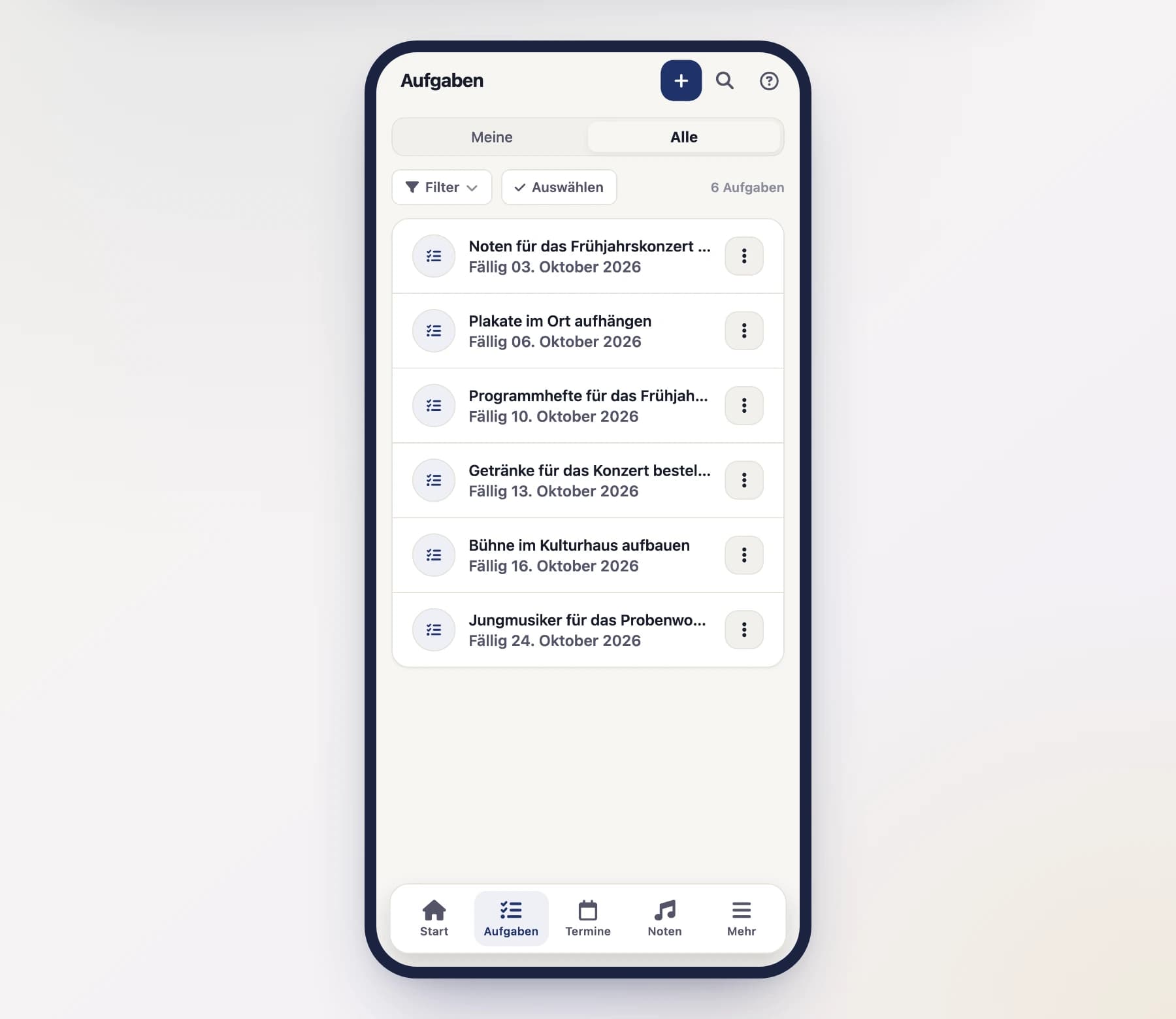 Aufgabenliste (TaskListScreen) mit offenen und erledigten Aufgaben am Handy
