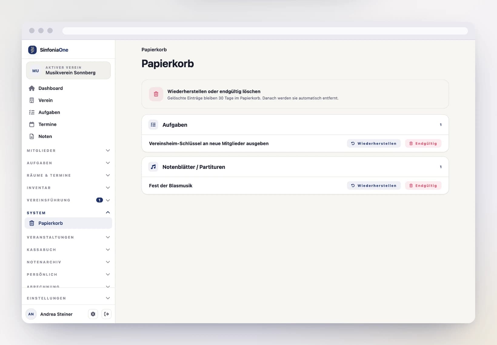 Papierkorb (TrashScreen) mit Liste gelöschter Einträge und Aktionen „Wiederherstellen / Endgültig löschen" am Computer