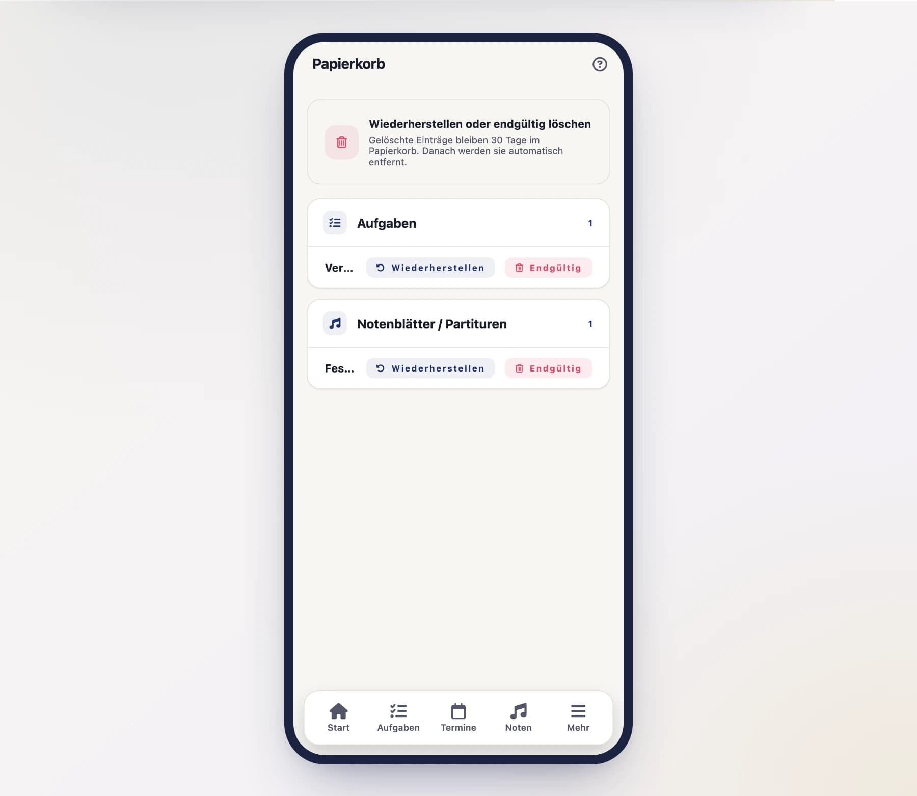 Papierkorb (TrashScreen) mit Liste gelöschter Einträge und Aktionen „Wiederherstellen / Endgültig löschen" am Handy