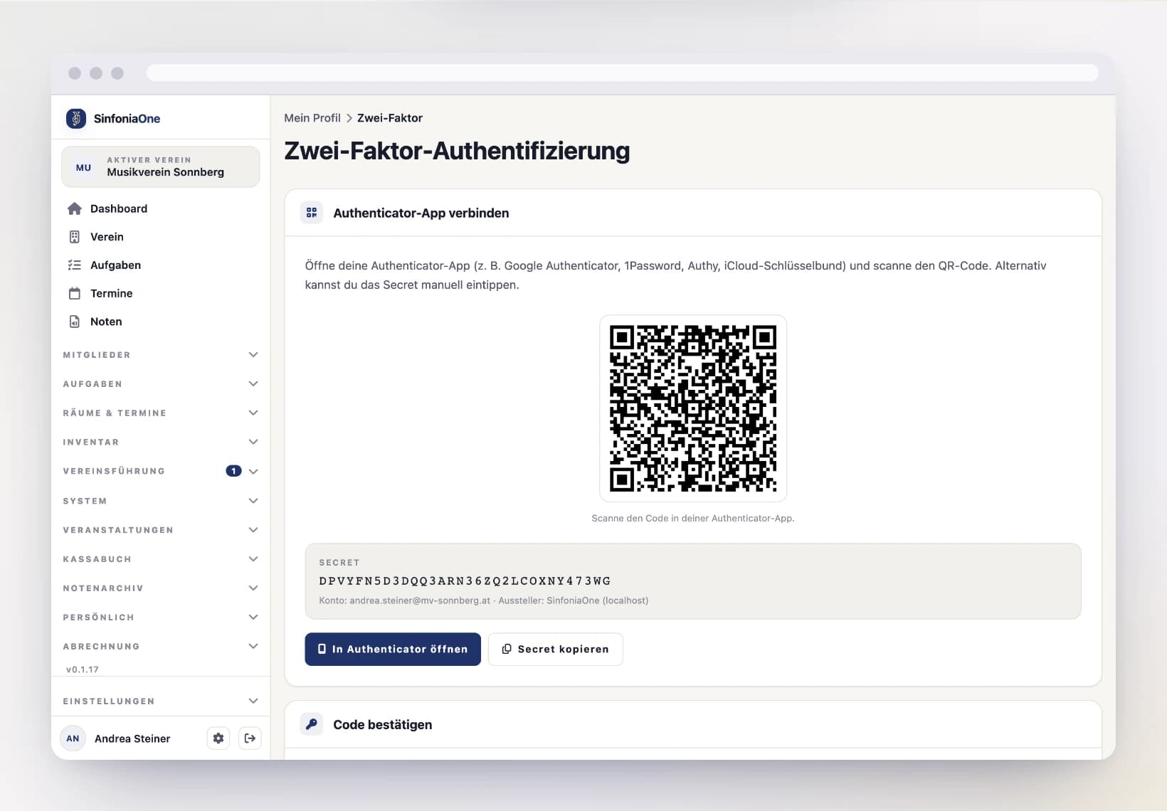 Setting up two-factor sign-in (TwoFactorSetupScreen) with a QR code and a code entry field on a computer