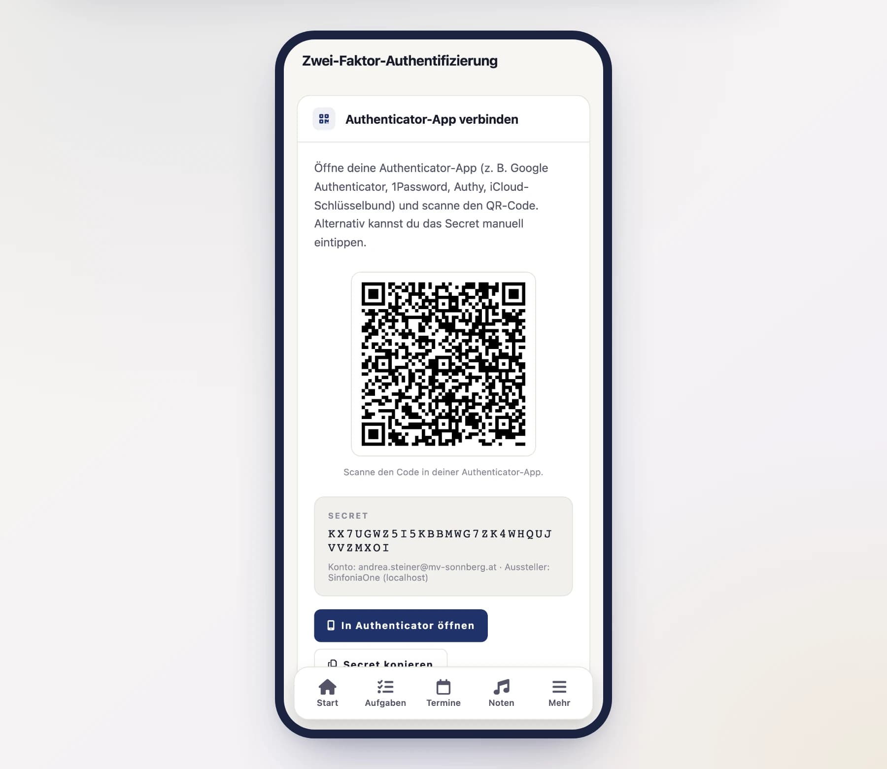 Setting up two-factor sign-in (TwoFactorSetupScreen) with a QR code and a code entry field on a phone