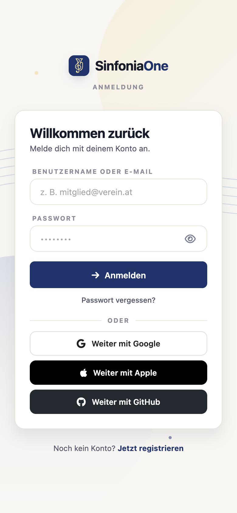 Login screen (LoginScreen) with the “Create an account” link highlighted