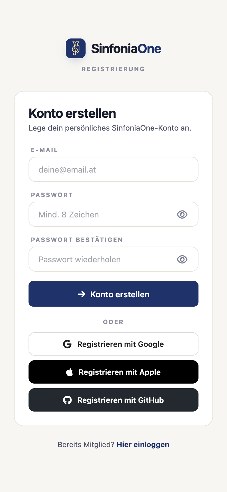 Registration form (RegisterScreen) with the fields email, password, repeat password